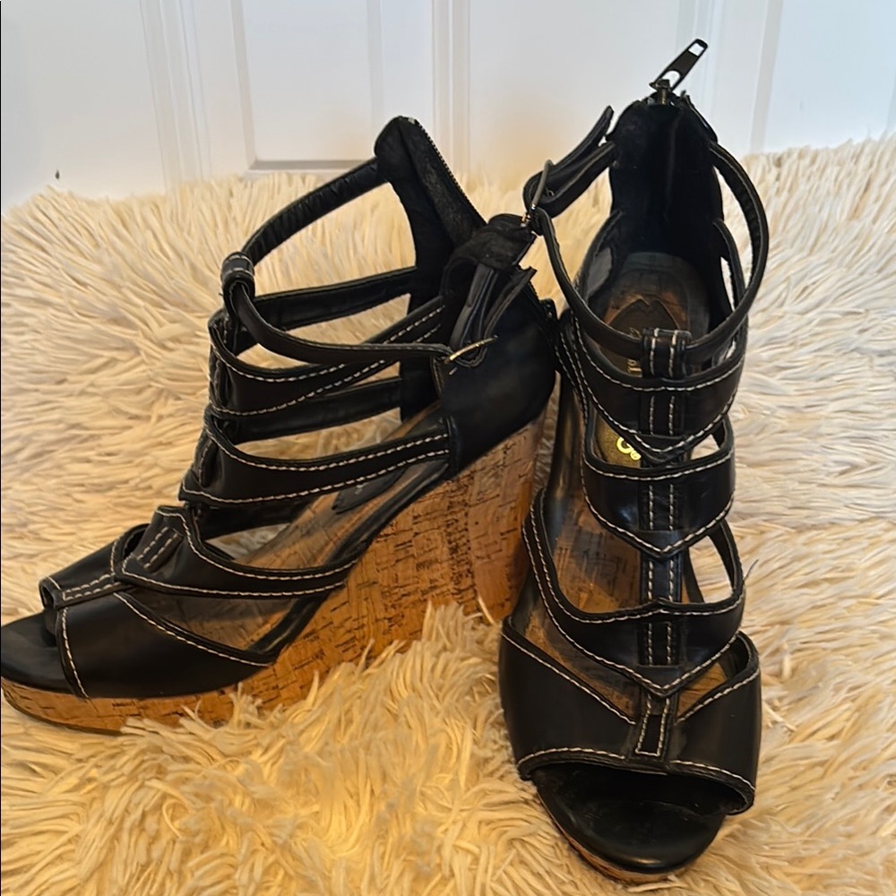 Black Strappy Wedge Sandals